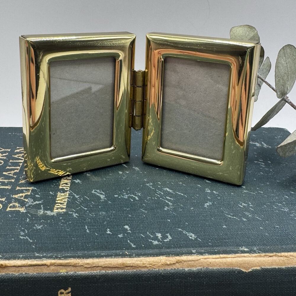 Vintage Brass Hinged Double Picture Frame Folding Desk Frame 3x3